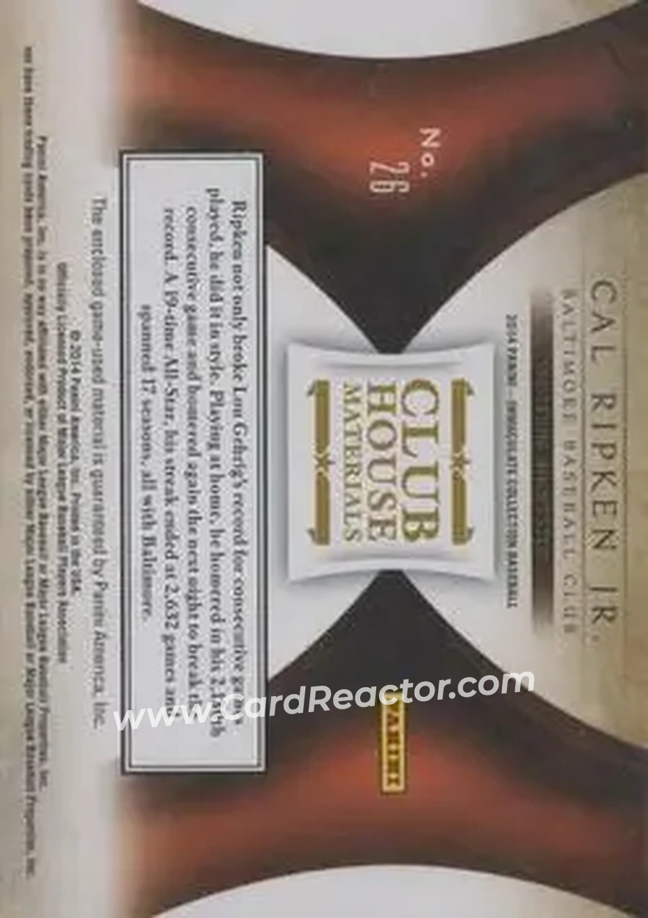 2014 Panini Immaculate Collection - Clubhouse Material #26 - Cal Ripken - Baltimore Orioles - Back