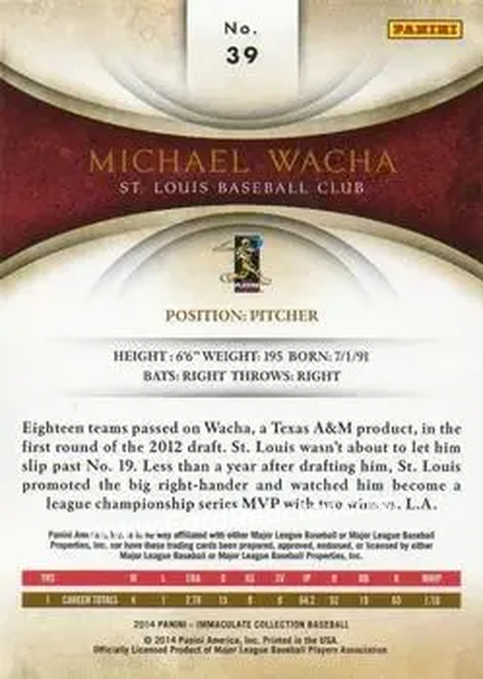 2014 Panini Immaculate Collection - Blue #39 - Michael Wacha - St. Louis Cardinals - Back 2014 Panini Immaculate Collection - Blue #39 - Michael Wacha - St. Louis Cardinals - Back