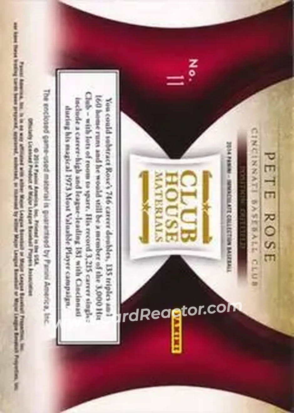 2014 Panini Immaculate Collection - Clubhouse Material Prime #11 - Pete Rose - Cincinnati Reds - Back