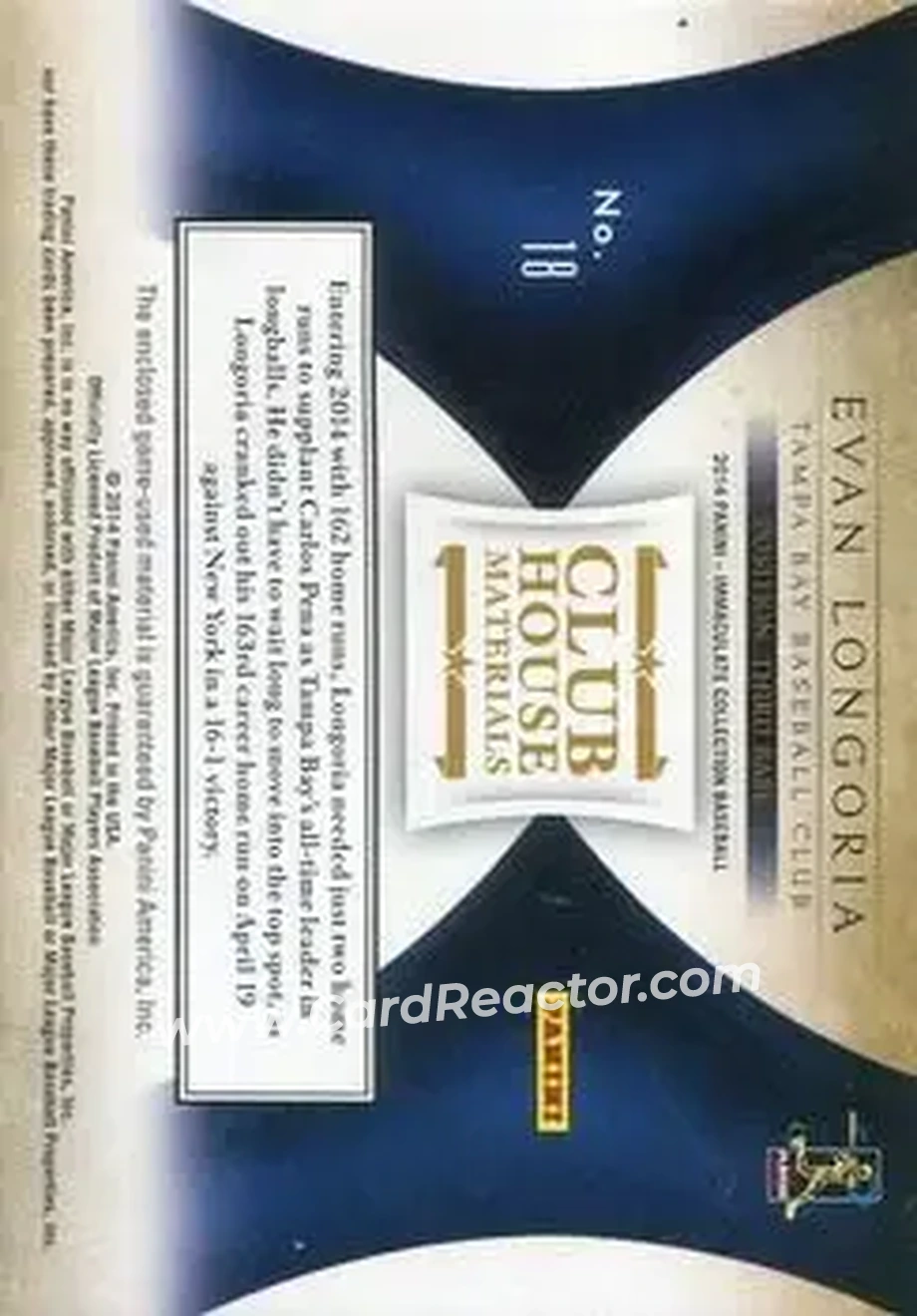 2014 Panini Immaculate Collection - Clubhouse Material Prime #18 - Evan Longoria - Tampa Bay Rays - Back