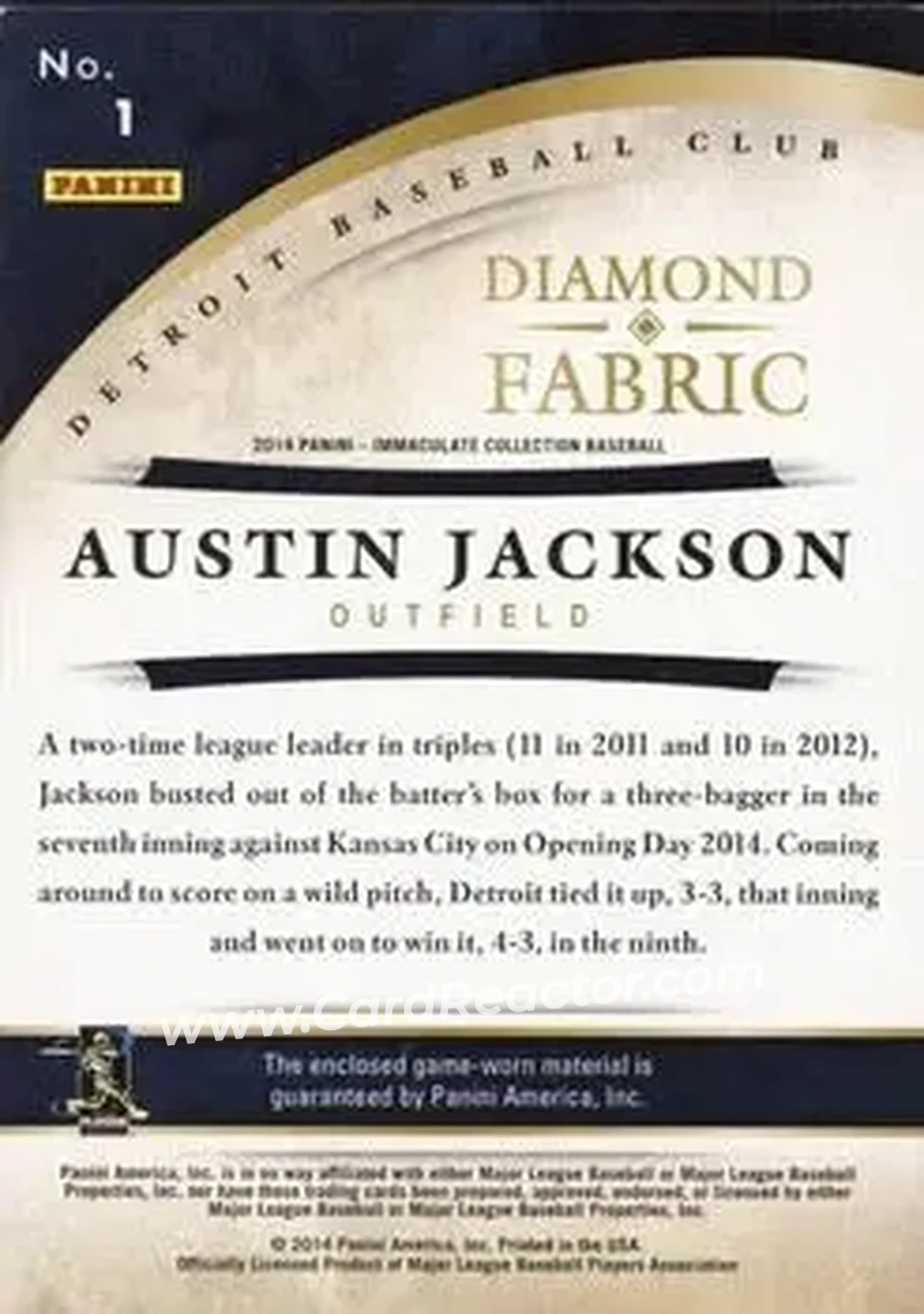 2014 Panini Immaculate Collection - Diamond Fabric #1 - Austin Jackson - Detroit Tigers - Back