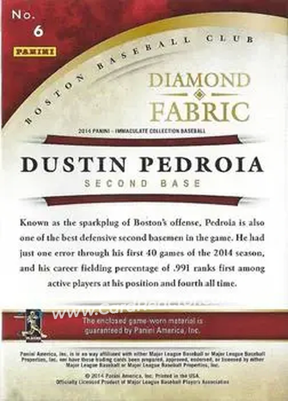 2014 Panini Immaculate Collection - Diamond Fabric #6 - Dustin Pedroia - Boston Red Sox - Back