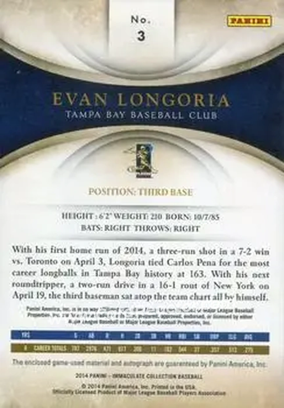 2014 Panini Immaculate Collection - Immaculate Autograph Materials #3 - Evan Longoria - Tampa Bay Rays - Back