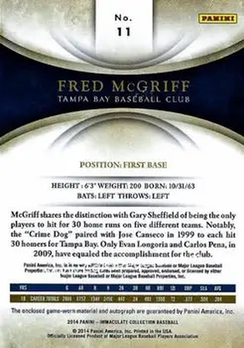 2014 Panini Immaculate Collection - Immaculate Autograph Materials #11 - Fred McGriff - Tampa Bay Devil Rays - Back