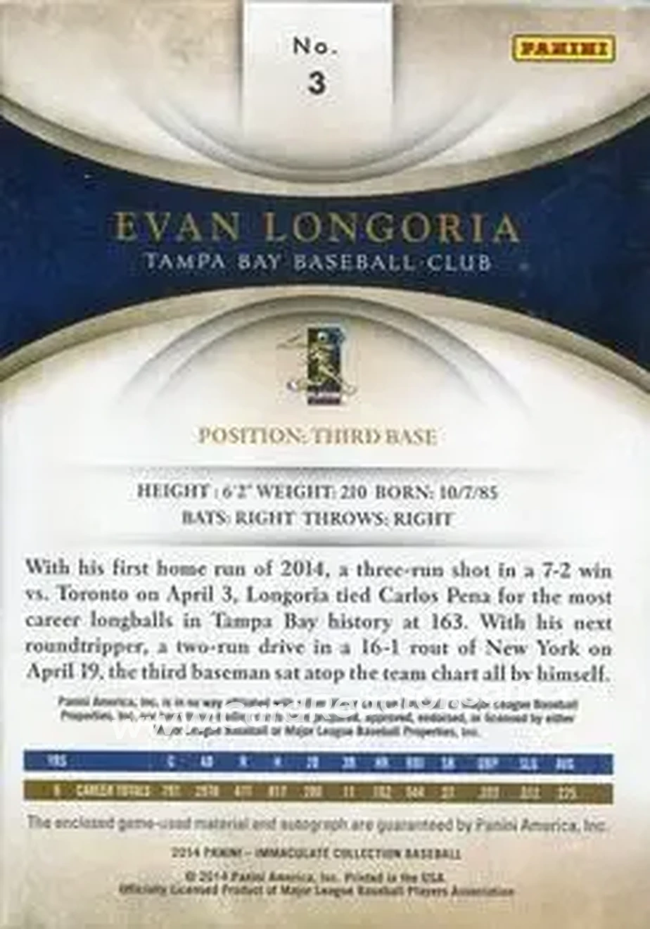 2014 Panini Immaculate Collection - Immaculate Autograph Materials Prime #3 - Evan Longoria - Tampa Bay Rays - Back 2014 Panini Immaculate Collection - Immaculate Autograph Materials Prime #3 - Evan Longoria - Tampa Bay Rays - Back