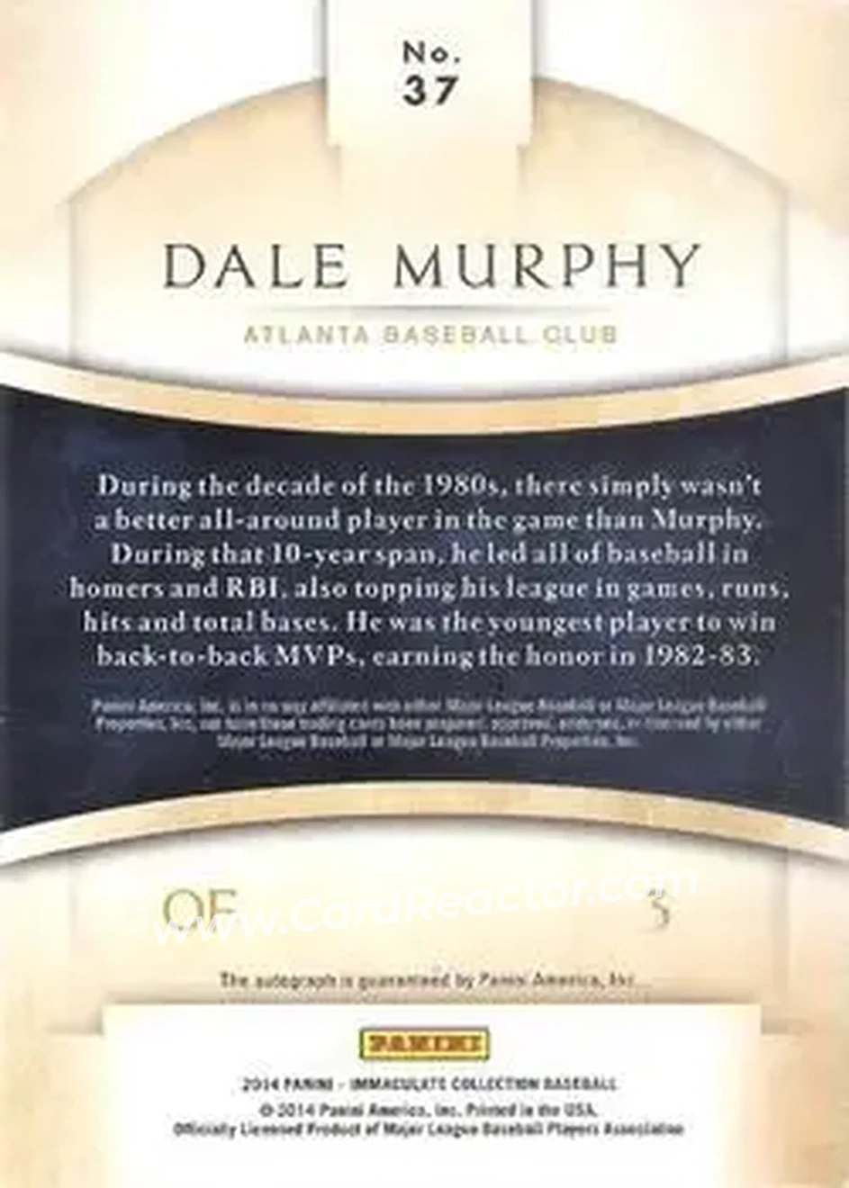 2014 Panini Immaculate Collection - Immaculate Autographs #37 - Dale Murphy - Atlanta Braves - Back