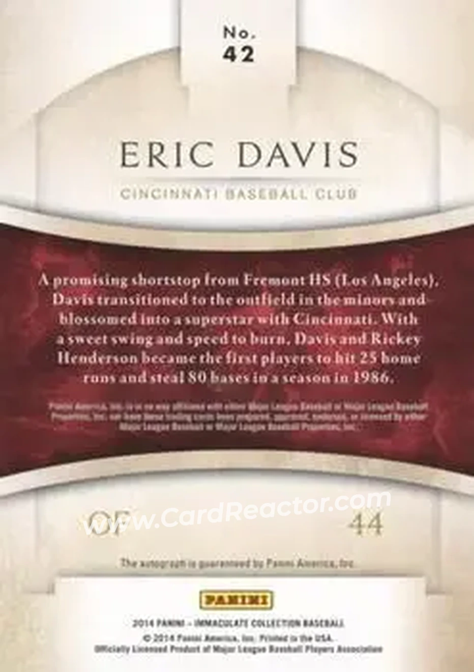 2014 Panini Immaculate Collection - Immaculate Autographs #42 - Eric Davis - Cincinnati Reds - Back