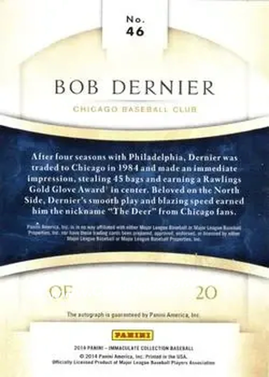 2014 Panini Immaculate Collection - Immaculate Autographs #46 - Bob Dernier - Chicago Cubs - Back