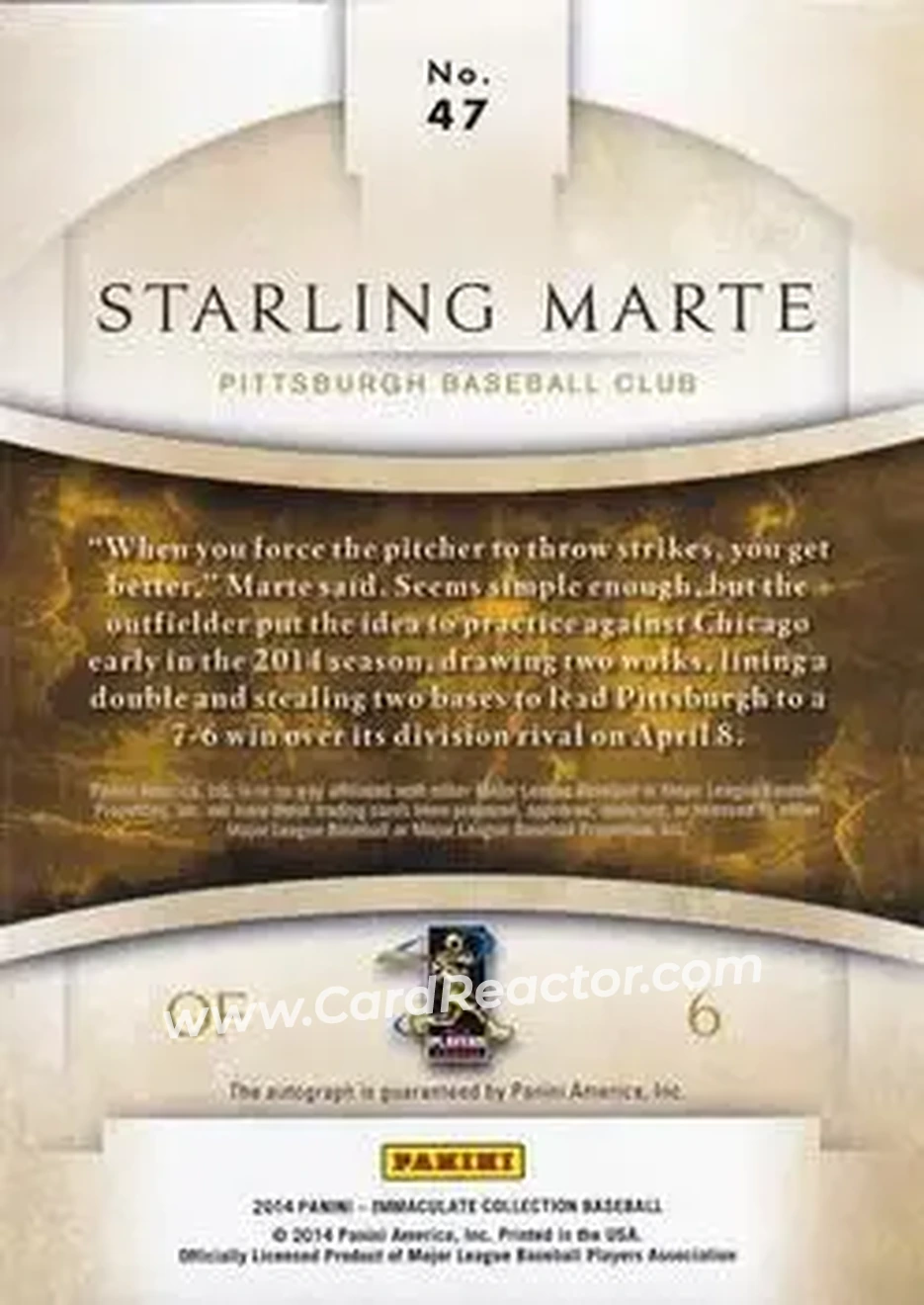 2014 Panini Immaculate Collection - Immaculate Autographs #47 - Starling Marte - Pittsburgh Pirates - Back