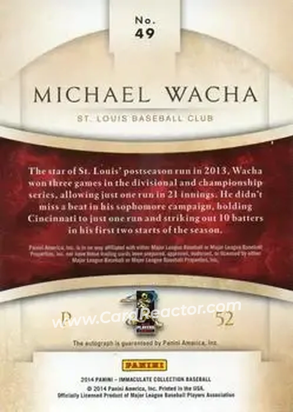 2014 Panini Immaculate Collection - Immaculate Autographs #49 - Michael Wacha - St. Louis Cardinals - Back