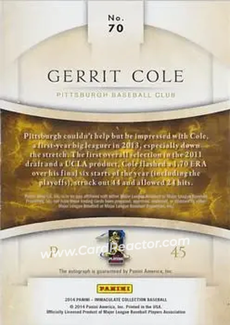 2014 Panini Immaculate Collection - Immaculate Autographs #70 - Gerrit Cole - Pittsburgh Pirates - Back
