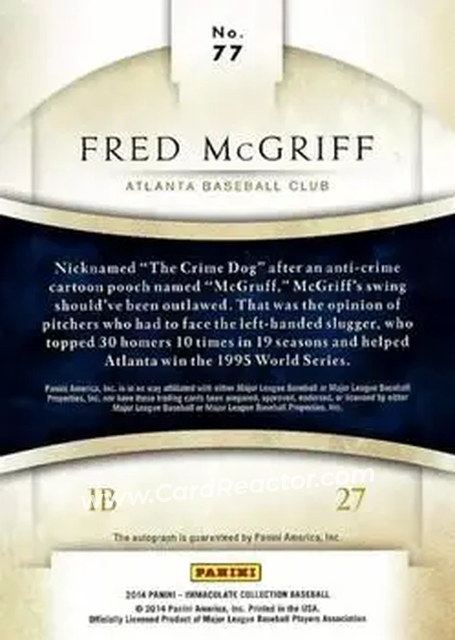 2014 Panini Immaculate Collection - Immaculate Autographs #77 - Fred McGriff - Atlanta Braves - Back