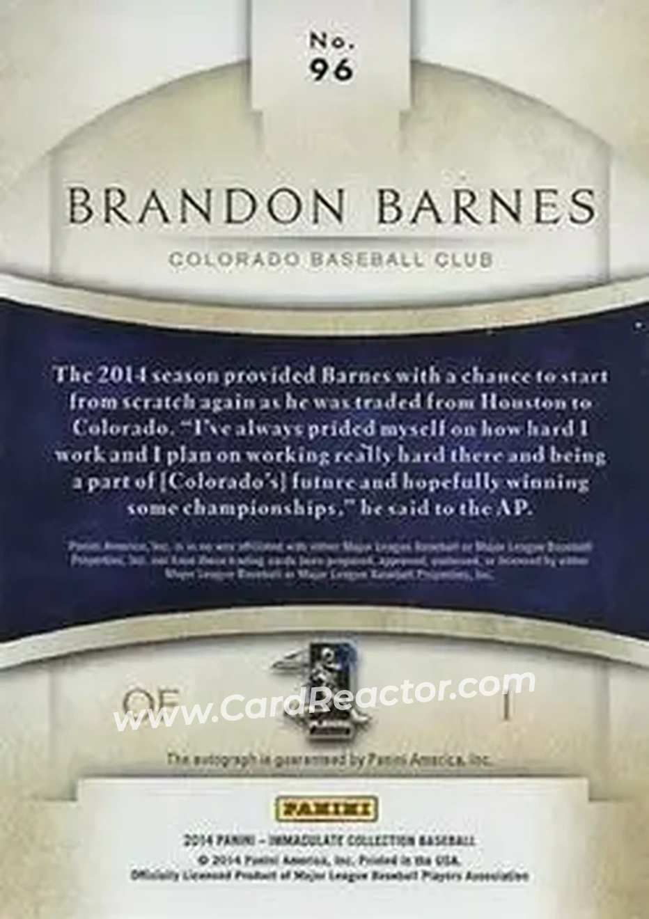 2014 Panini Immaculate Collection - Immaculate Autographs #96 - Brandon Barnes - Colorado Rockies - Back