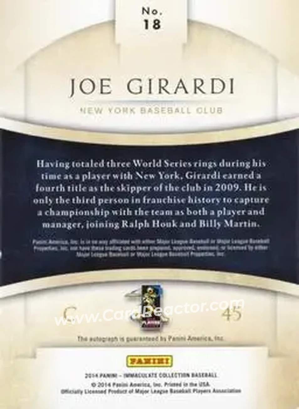 2014 Panini Immaculate Collection - Immaculate Autographs Blue #18 - Joe Girardi - New York Yankees - Back 2014 Panini Immaculate Collection - Immaculate Autographs Blue #18 - Joe Girardi - New York Yankees - Back