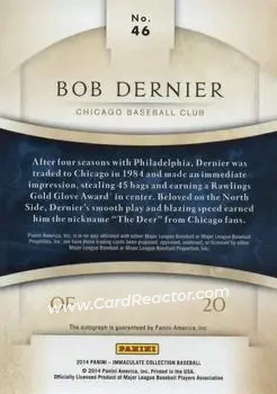 2014 Panini Immaculate Collection - Immaculate Autographs Blue #46 - Bob Dernier - Chicago Cubs - Back