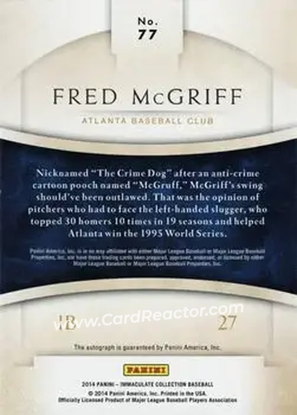 2014 Panini Immaculate Collection - Immaculate Autographs Blue #77 - Fred McGriff - Atlanta Braves - Back 2014 Panini Immaculate Collection - Immaculate Autographs Blue #77 - Fred McGriff - Atlanta Braves - Back