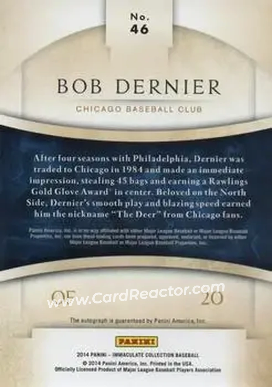 2014 Panini Immaculate Collection - Immaculate Autographs Gold #46 - Bob Dernier - Chicago Cubs - Back 2014 Panini Immaculate Collection - Immaculate Autographs Gold #46 - Bob Dernier - Chicago Cubs - Back