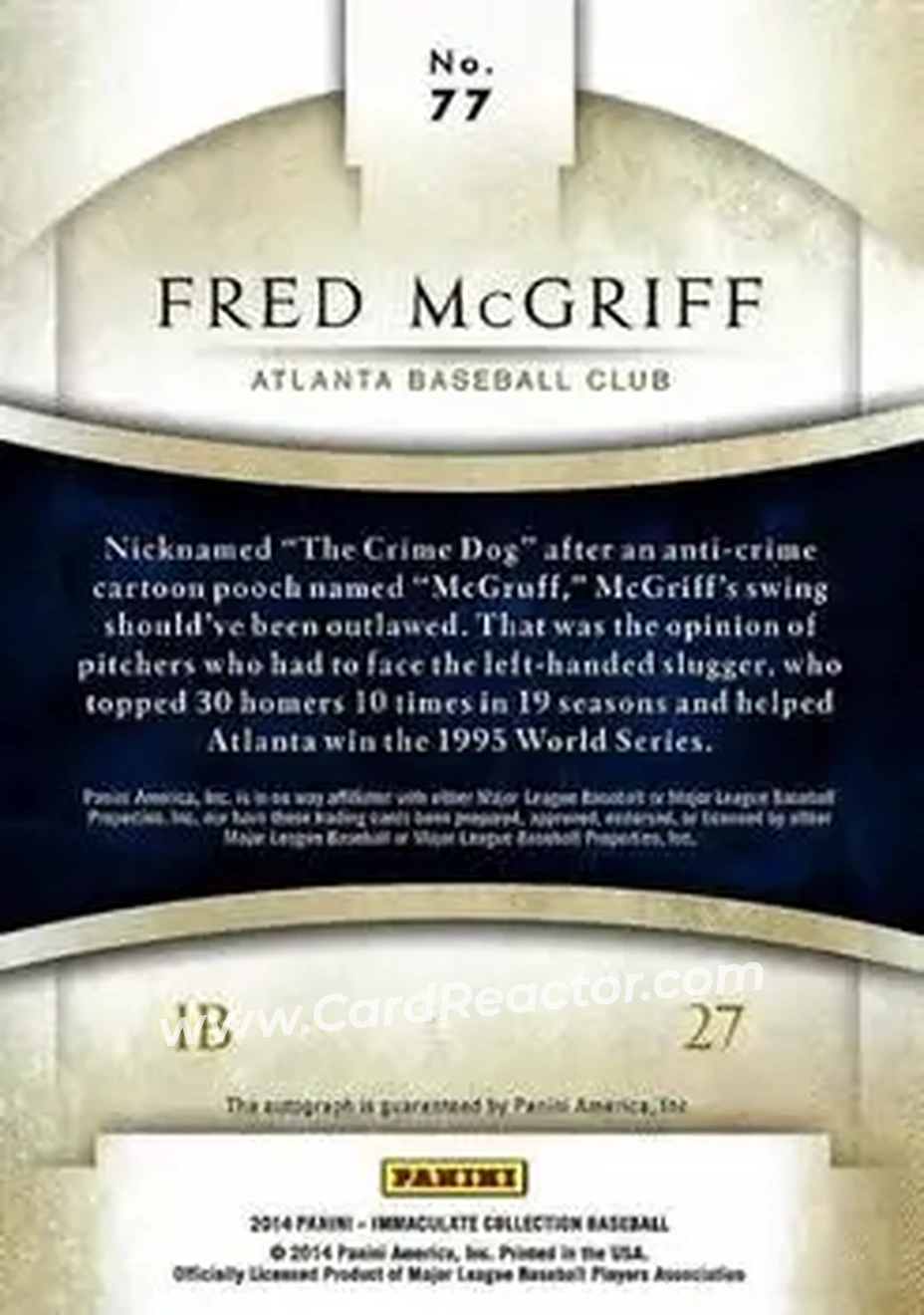 2014 Panini Immaculate Collection - Immaculate Autographs Gold #77 - Fred McGriff - Atlanta Braves - Back 2014 Panini Immaculate Collection - Immaculate Autographs Gold #77 - Fred McGriff - Atlanta Braves - Back