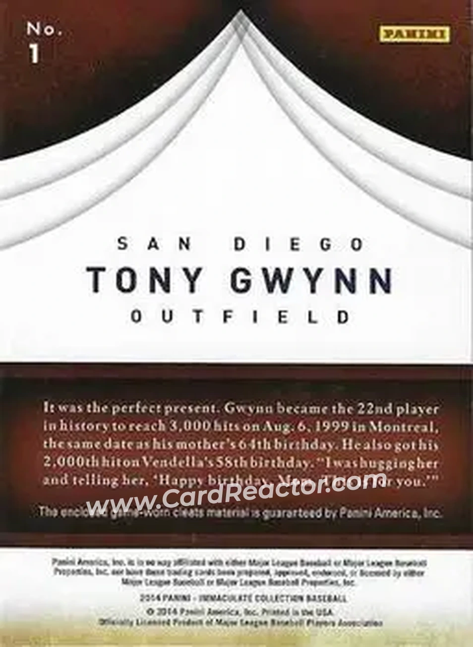 2014 Panini Immaculate Collection - Immaculate Cleats #1 - Tony Gwynn - San Diego Padres - Back