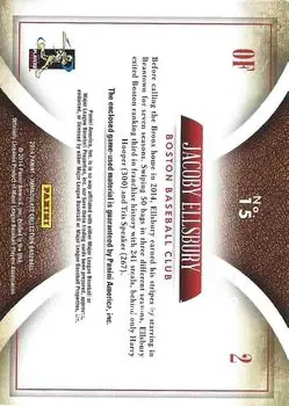 2014 Panini Immaculate Collection - Immaculate Duals Memorabilia #15 - Jacoby Ellsbury - Boston Red Sox - Back 2014 Panini Immaculate Collection - Immaculate Duals Memorabilia #15 - Jacoby Ellsbury - Boston Red Sox - Back