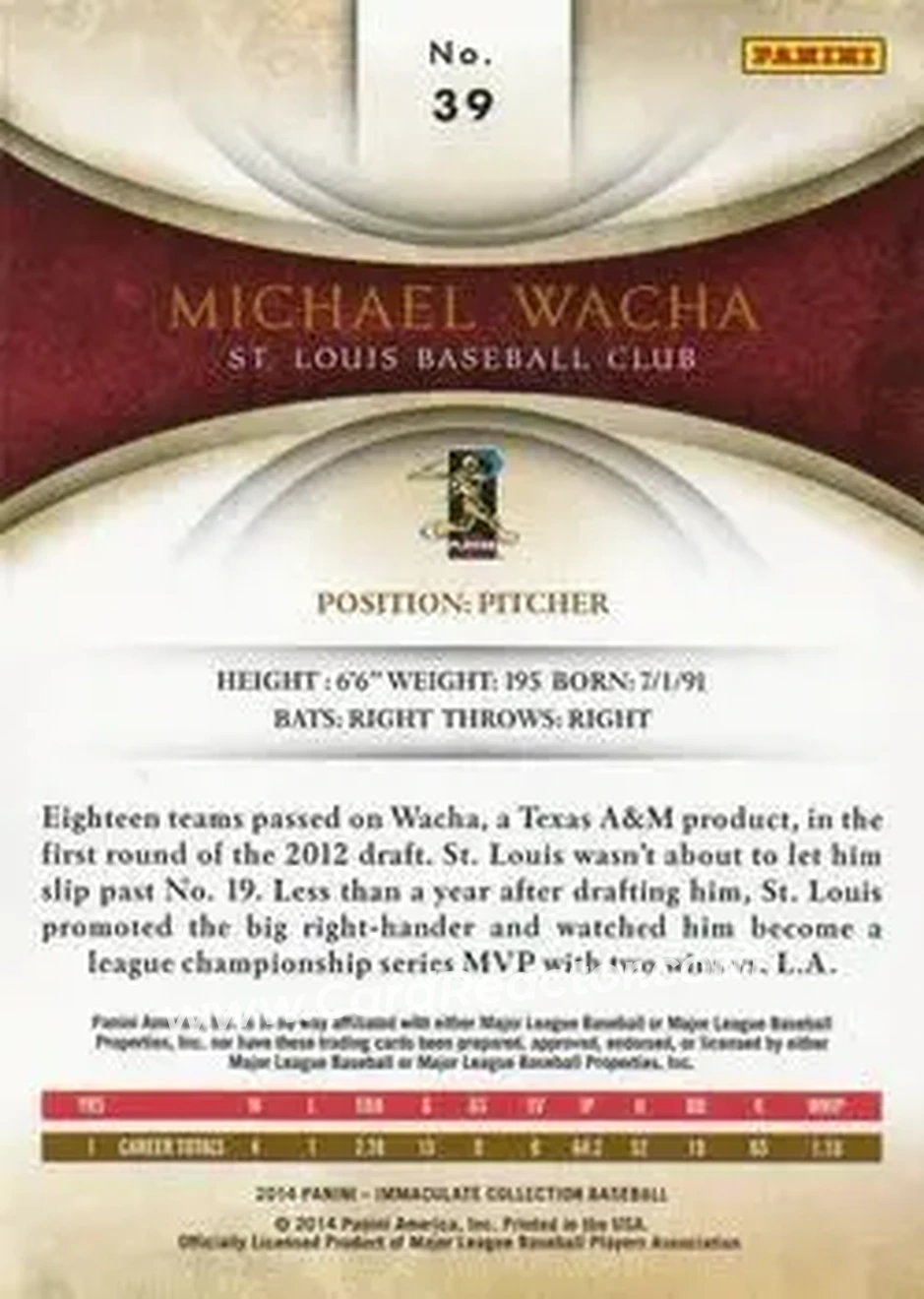 2014 Panini Immaculate Collection - Holo Gold #39 - Michael Wacha - St. Louis Cardinals - Back