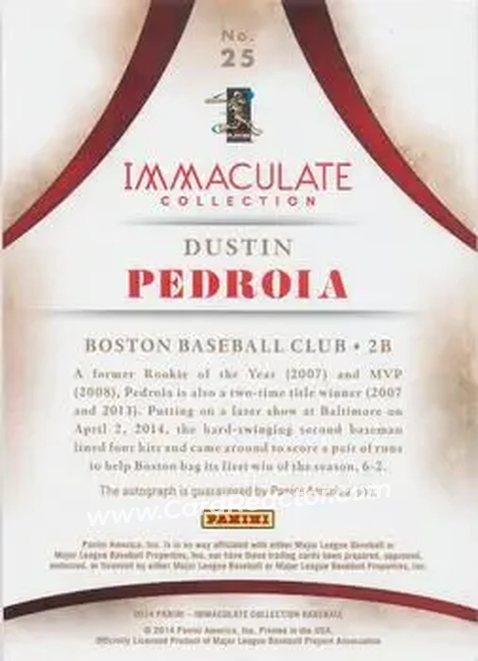 2014 Panini Immaculate Collection - Immaculate Heroes Autographs #25 - Dustin Pedroia - Boston Red Sox - Back