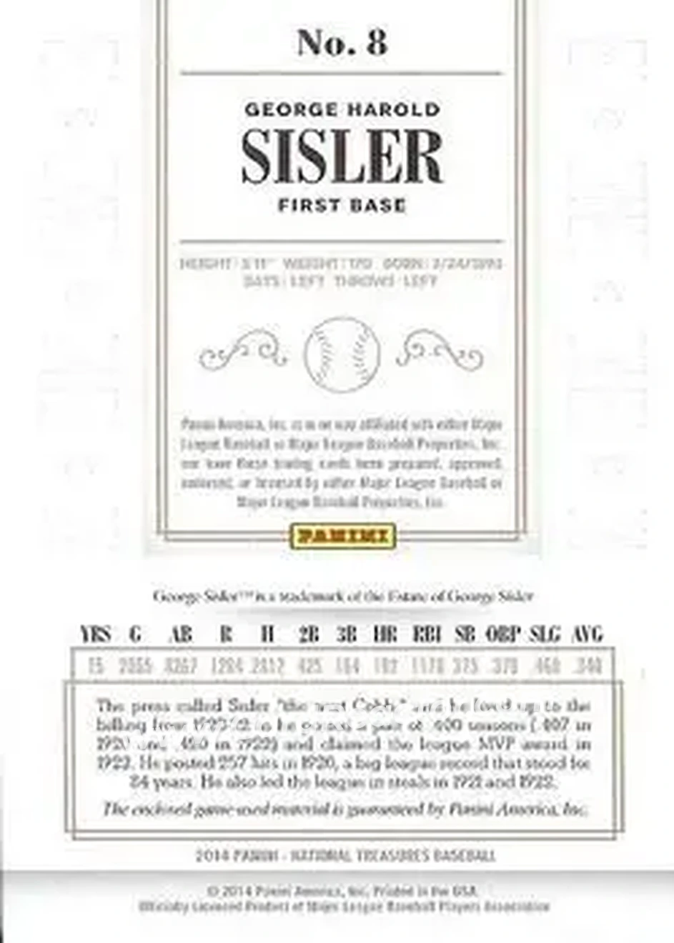 2014 Panini National Treasures #8 - George Sisler - St. Louis Browns - Back