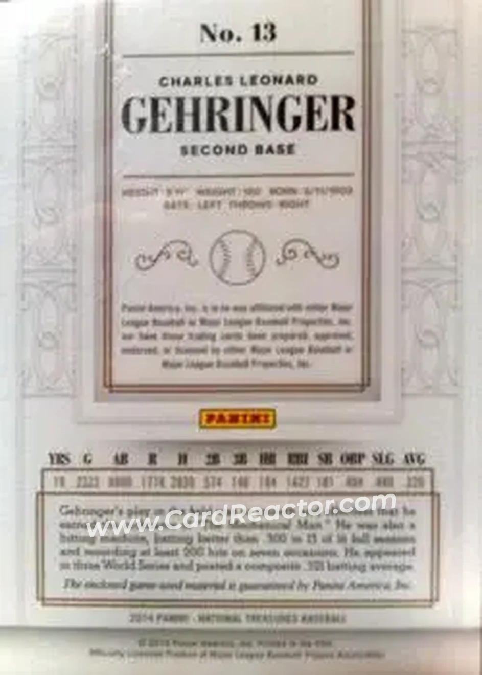 2014 Panini National Treasures #13 - Charlie Gehringer - Detroit Tigers - Back