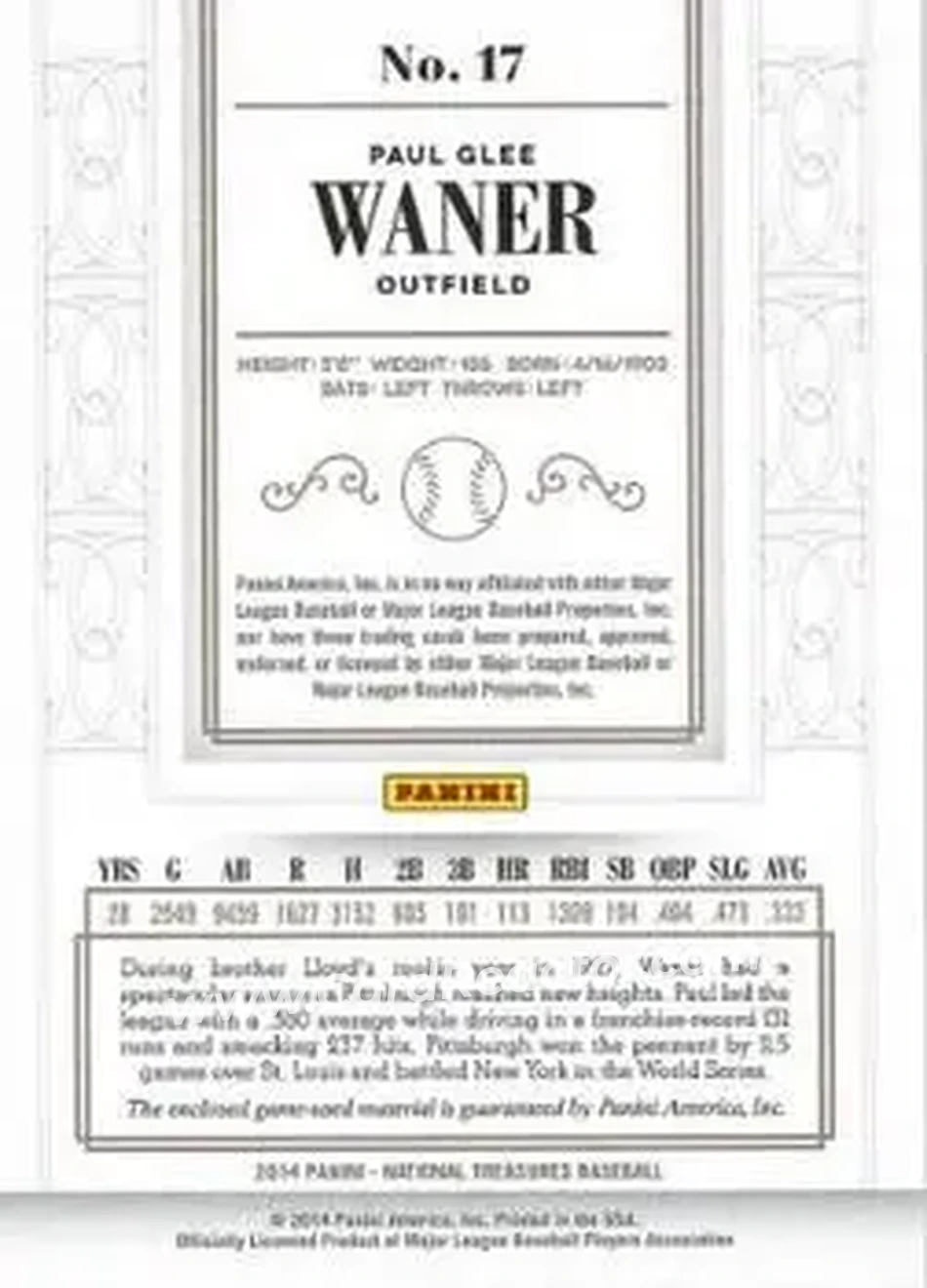 2014 Panini National Treasures #17 - Paul Waner - Pittsburgh Pirates - Back
