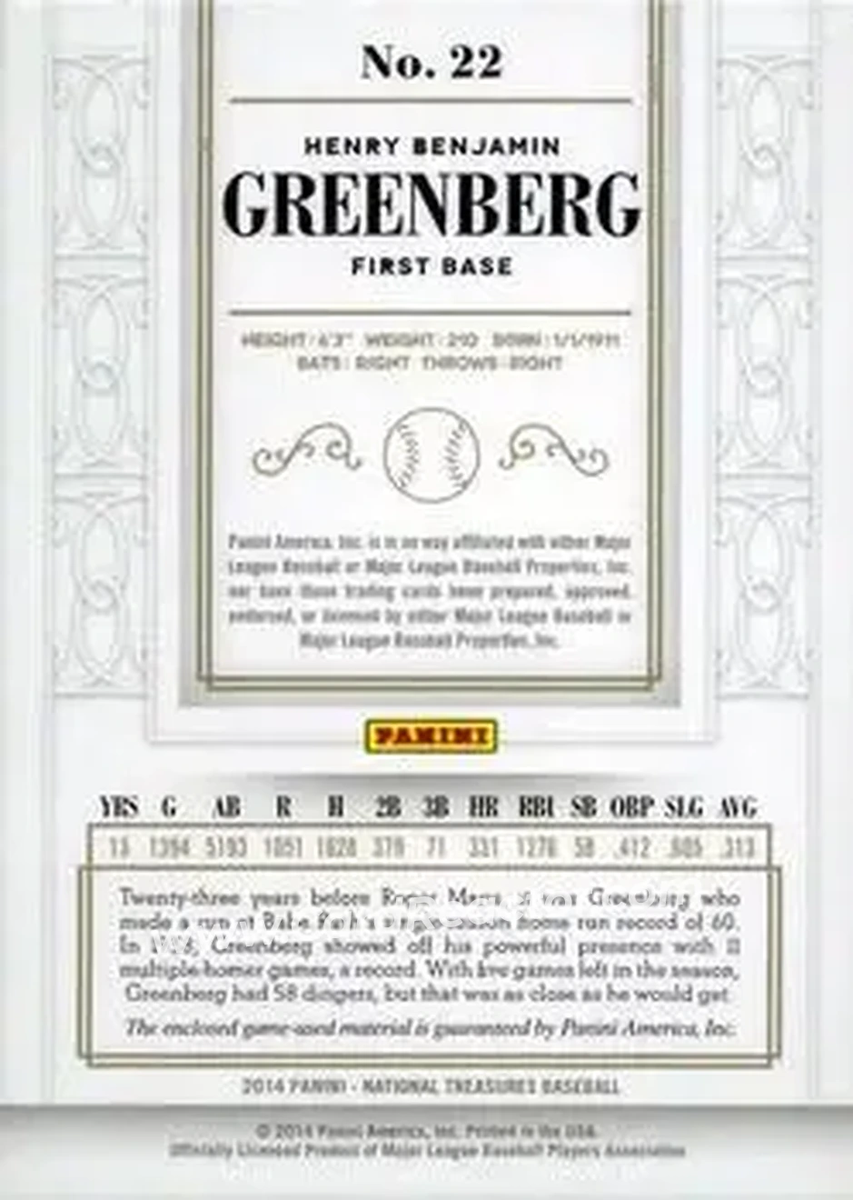 2014 Panini National Treasures #22 - Hank Greenberg - Detroit Tigers - Back 2014 Panini National Treasures #22 - Hank Greenberg - Detroit Tigers - Back