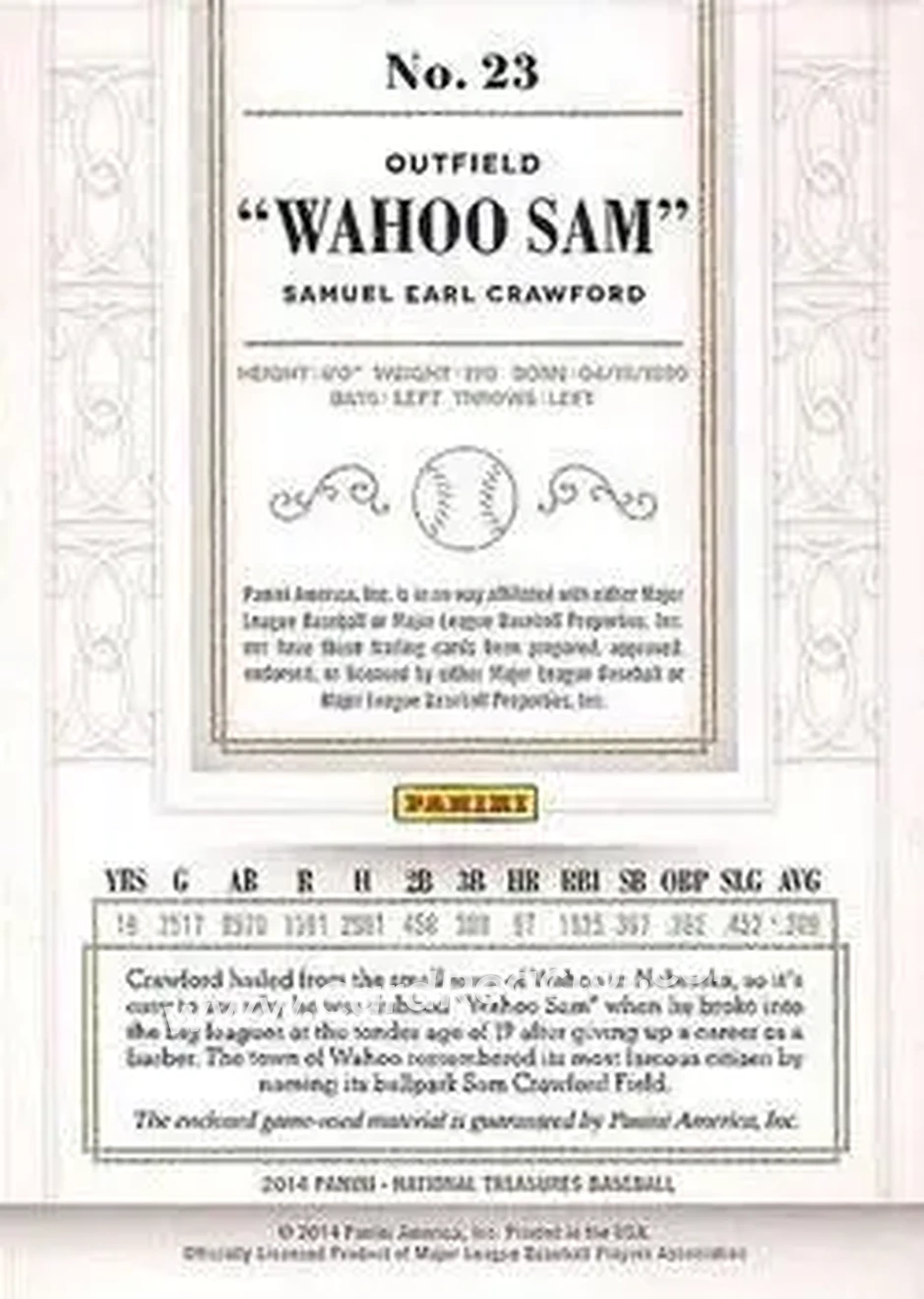 2014 Panini National Treasures #23 - Sam Crawford - Detroit Tigers - Back