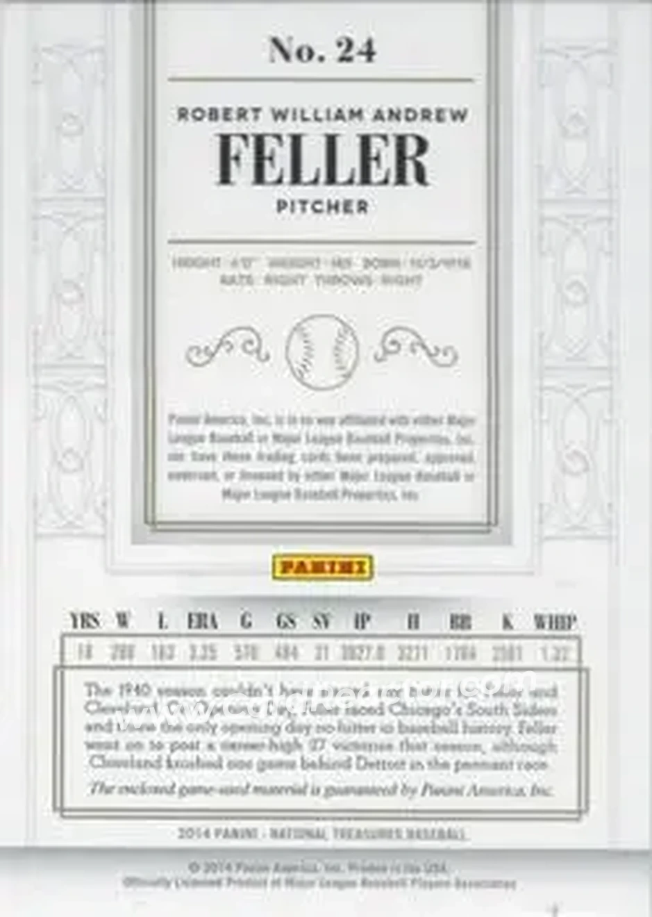 2014 Panini National Treasures #24 - Bob Feller - Cleveland Indians - Back 2014 Panini National Treasures #24 - Bob Feller - Cleveland Indians - Back