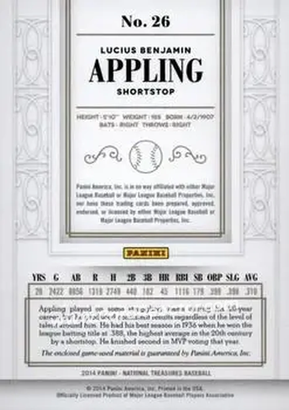 2014 Panini National Treasures #26 - Luke Appling - Chicago White Sox - Back