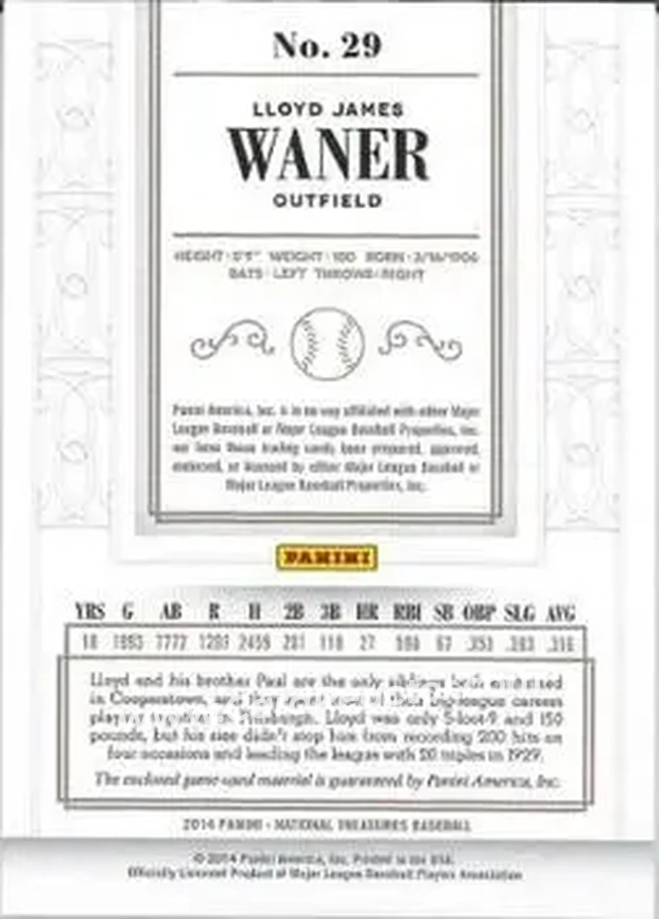 2014 Panini National Treasures #29 - Lloyd Waner - Pittsburgh Pirates - Back 2014 Panini National Treasures #29 - Lloyd Waner - Pittsburgh Pirates - Back