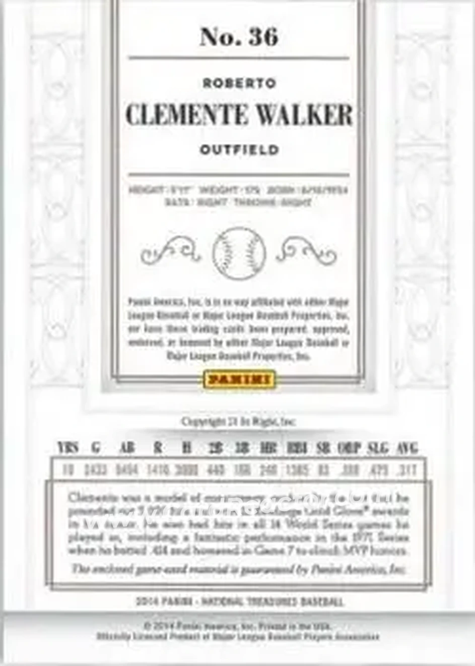 2014 Panini National Treasures #36 - Bob Clemente - Pittsburgh Pirates - Back