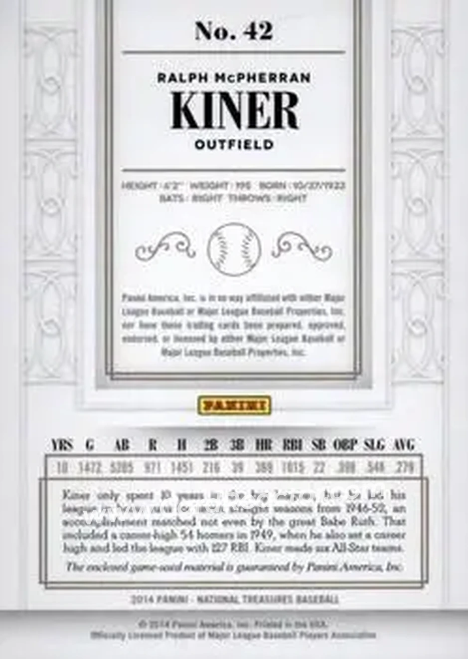 2014 Panini National Treasures #42 - Ralph Kiner - Pittsburgh Pirates - Back 2014 Panini National Treasures #42 - Ralph Kiner - Pittsburgh Pirates - Back