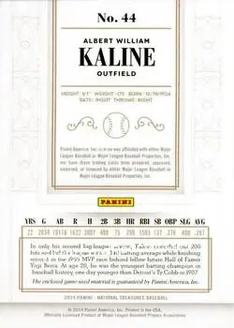 2014 Panini National Treasures #44 - Al Kaline - Detroit Tigers - Back 2014 Panini National Treasures #44 - Al Kaline - Detroit Tigers - Back