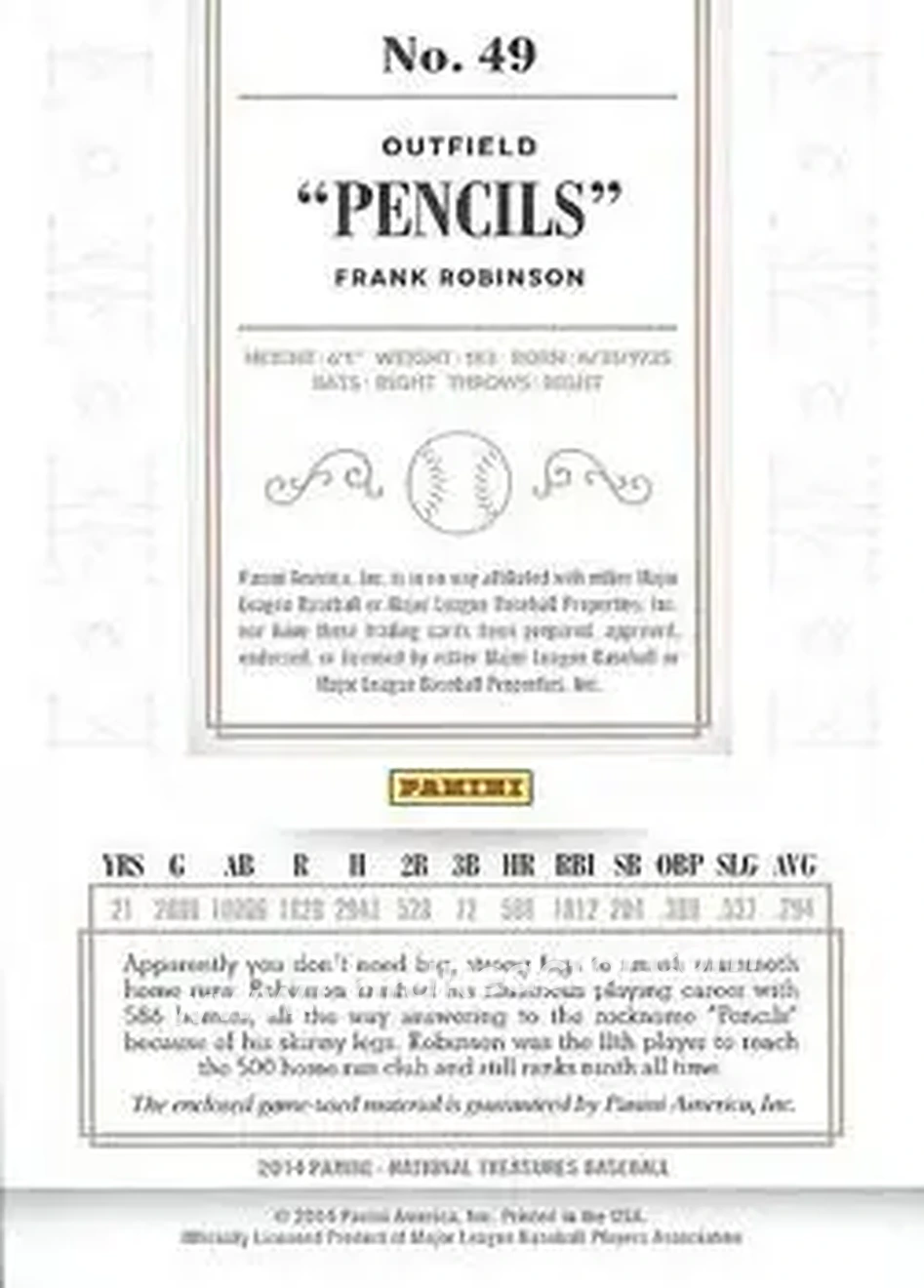 2014 Panini National Treasures #49 - Frank Robinson - Baltimore Orioles - Back 2014 Panini National Treasures #49 - Frank Robinson - Baltimore Orioles - Back