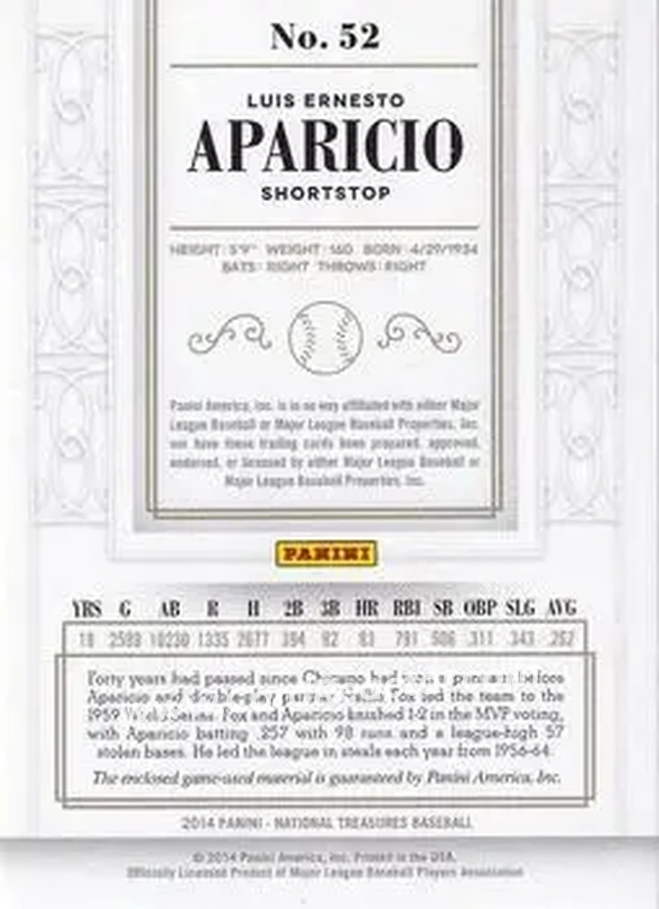 2014 Panini National Treasures #52 - Luis Aparicio - Chicago White Sox - Back
