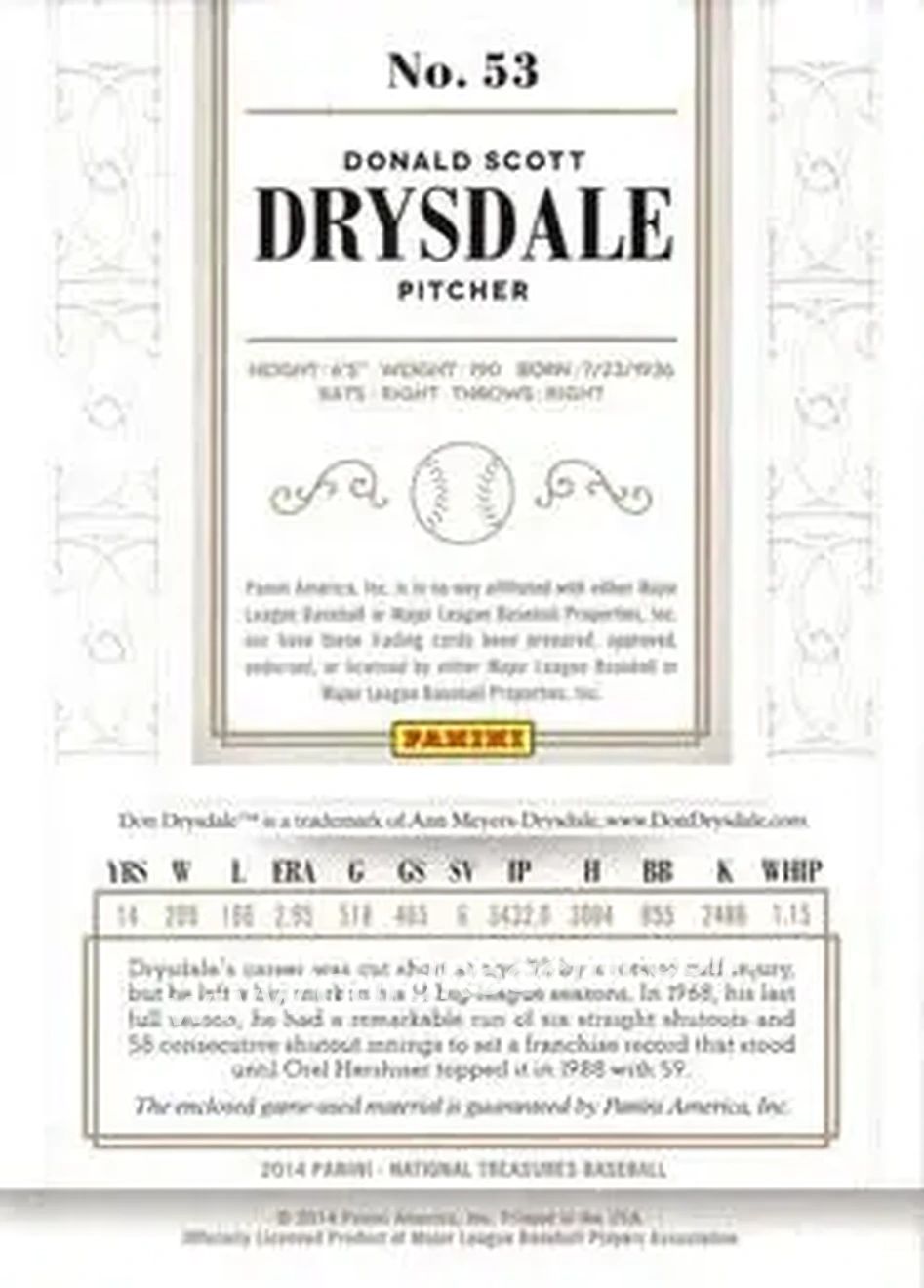 2014 Panini National Treasures #53 - Don Drysdale - Brooklyn Dodgers - Back