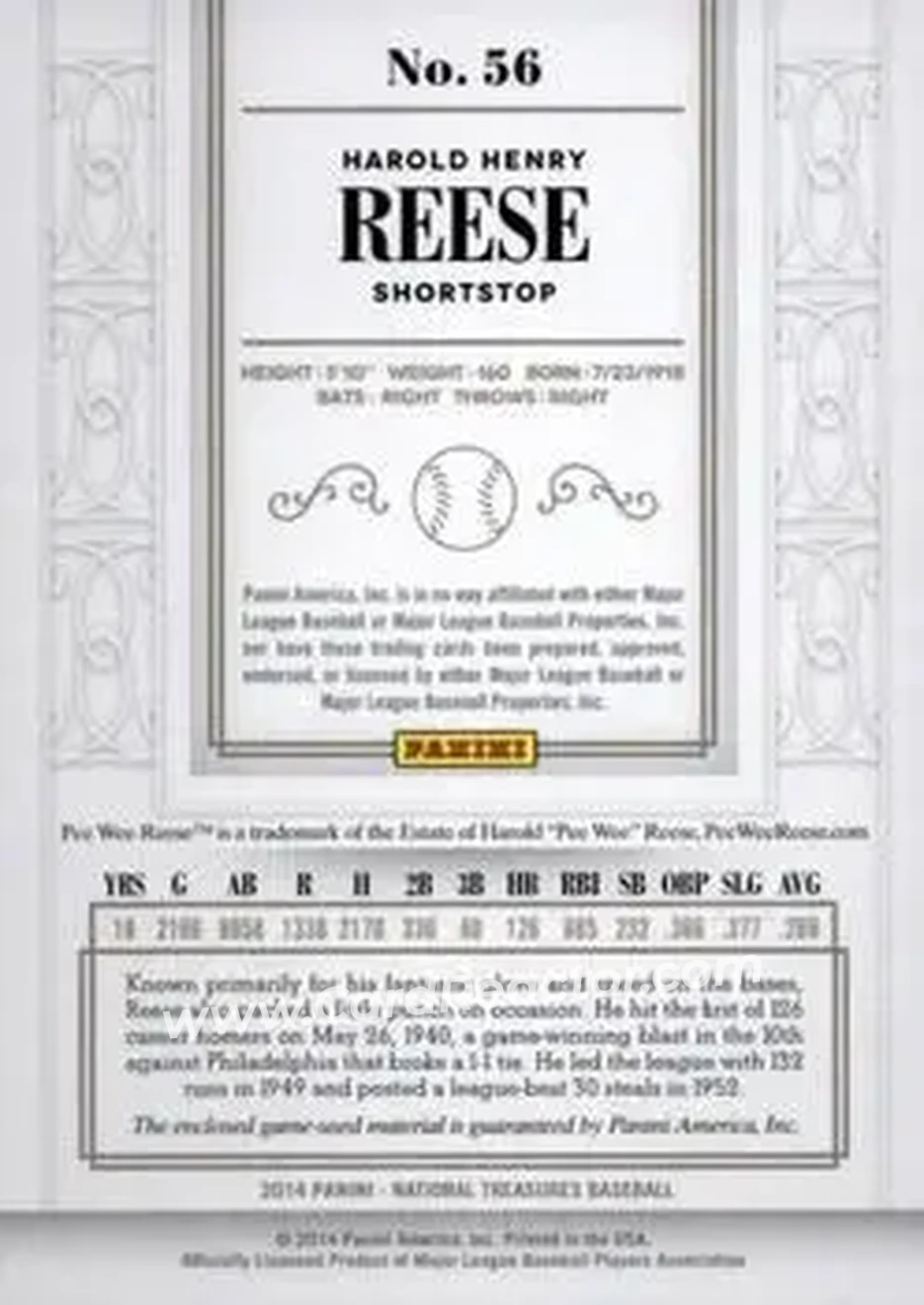 2014 Panini National Treasures #56 - Harold Reese - Brooklyn Dodgers - Back