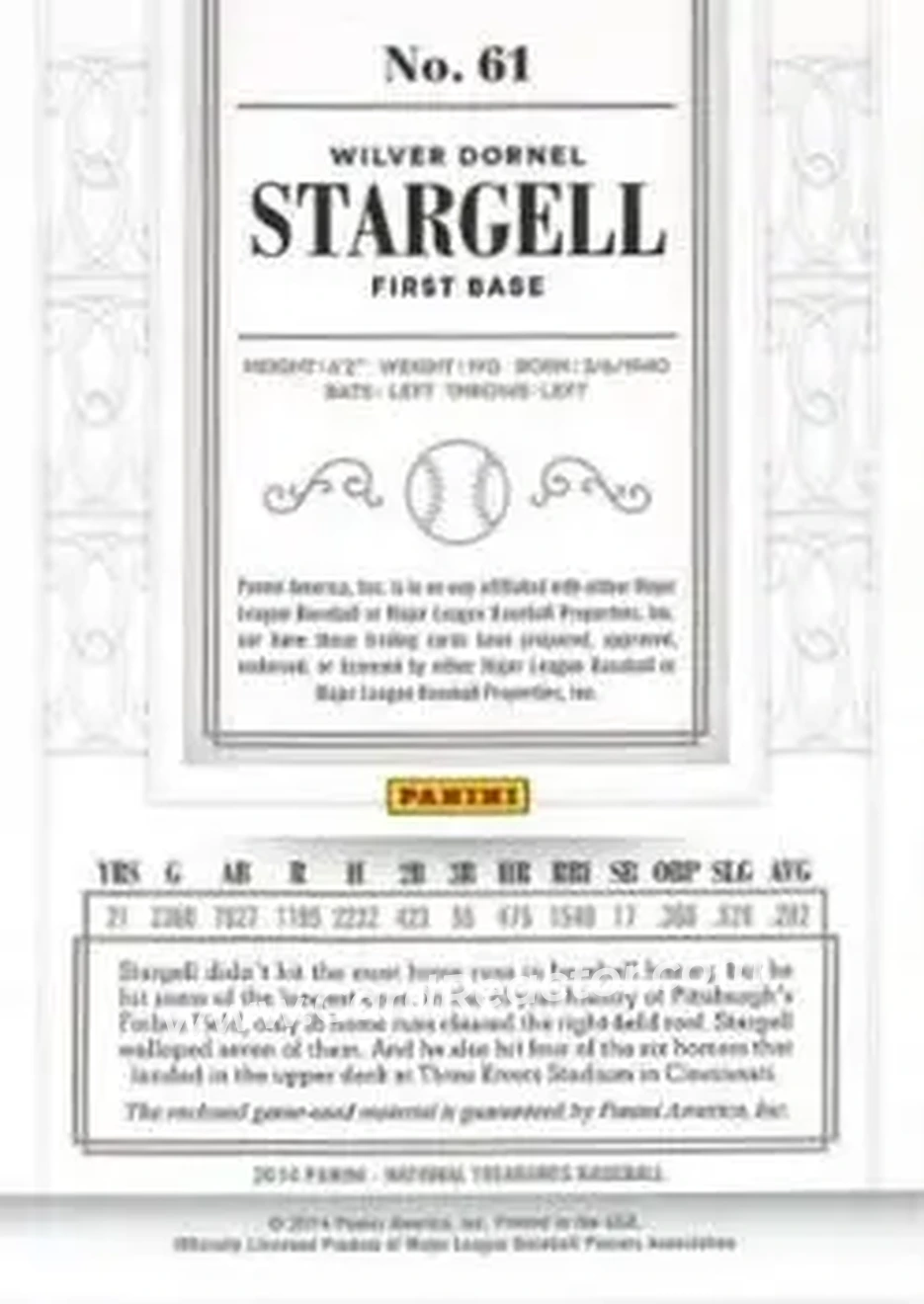 2014 Panini National Treasures #61 - Willie Stargell - Pittsburgh Pirates - Back 2014 Panini National Treasures #61 - Willie Stargell - Pittsburgh Pirates - Back