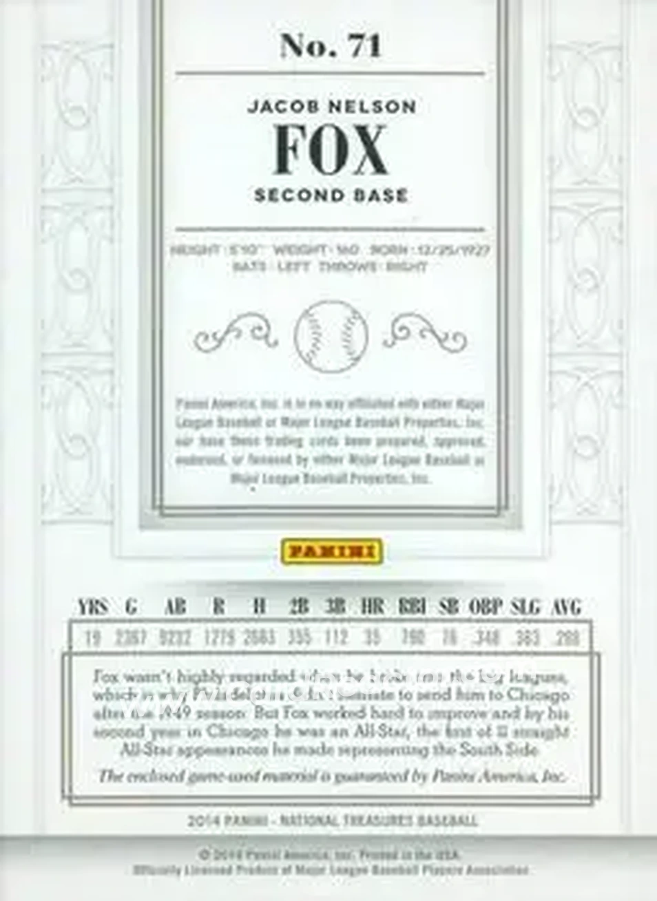 2014 Panini National Treasures #71 - Nelson Fox - Chicago White Sox - Back