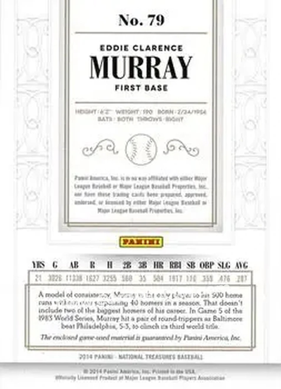 2014 Panini National Treasures #79 - Eddie Murray - Baltimore Orioles - Back 2014 Panini National Treasures #79 - Eddie Murray - Baltimore Orioles - Back