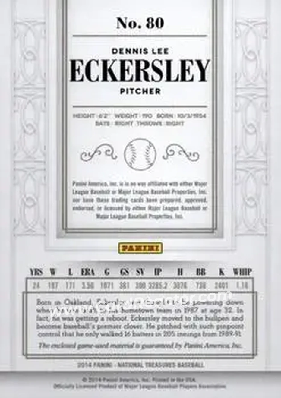 2014 Panini National Treasures #80 - Dennis Eckersley - Oakland Athletics - Back