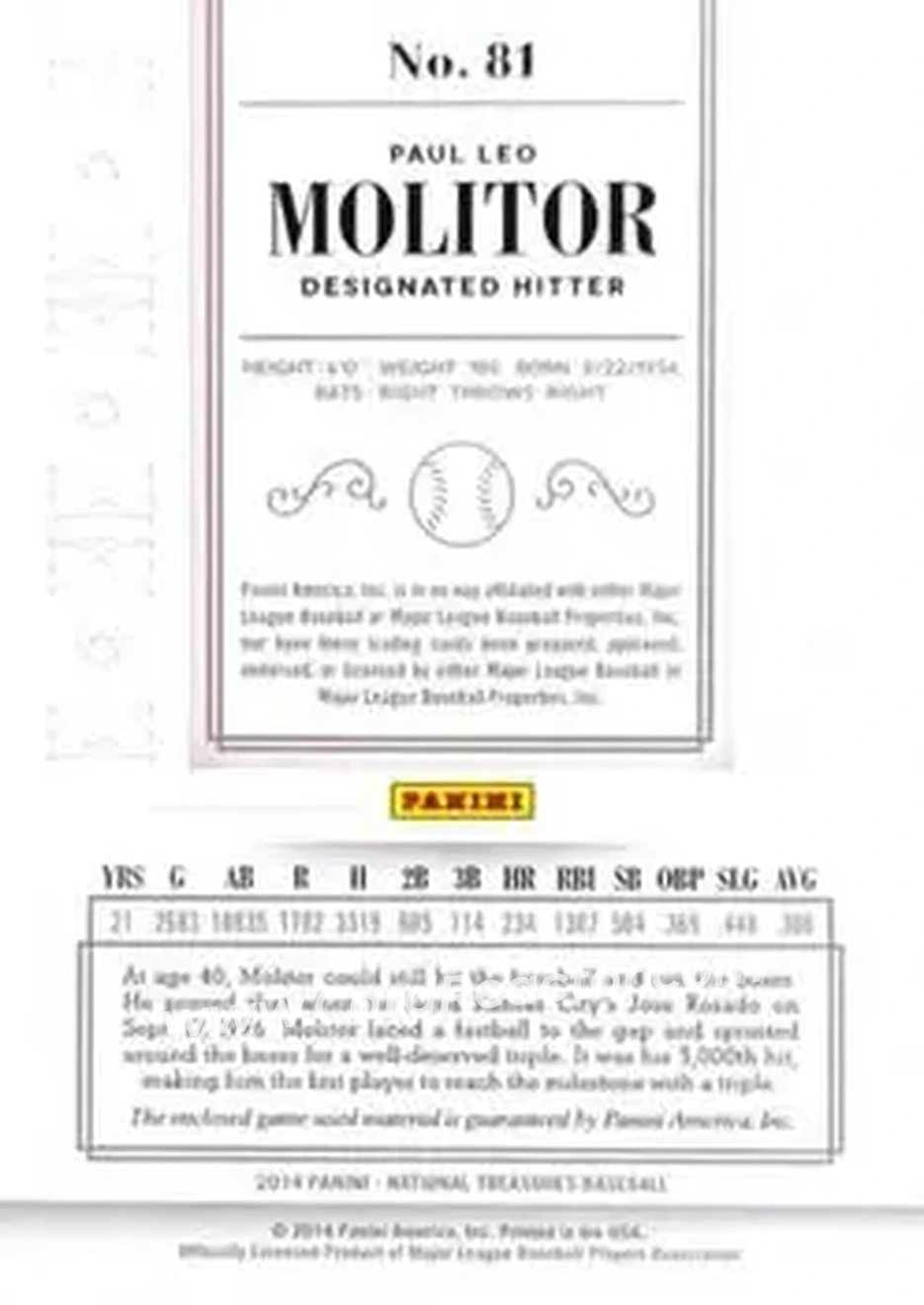 2014 Panini National Treasures #81 - Paul Molitor - Toronto Blue Jays - Back