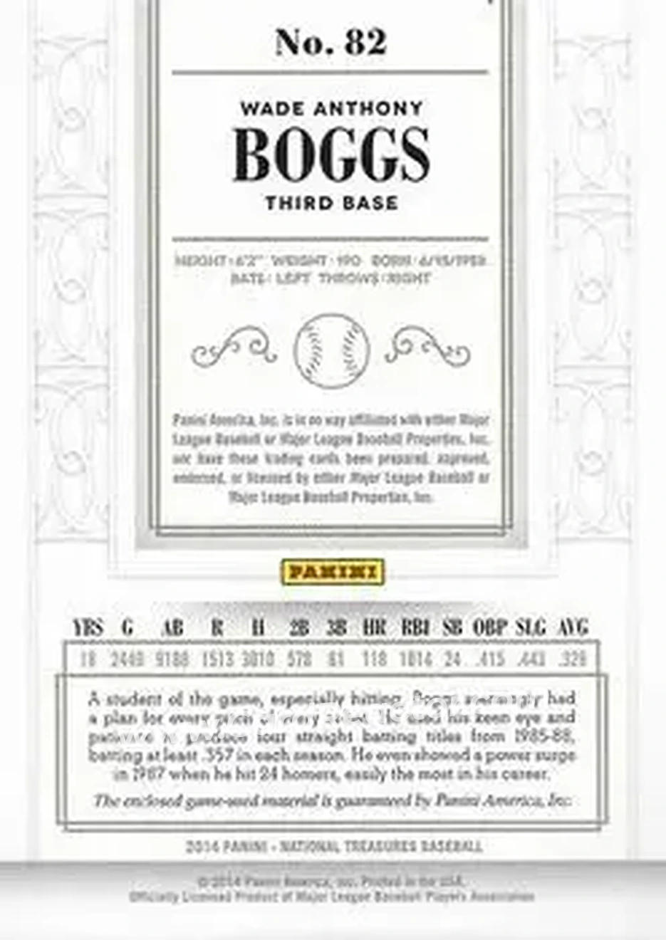 2014 Panini National Treasures #82 - Wade Boggs - Boston Red Sox - Back