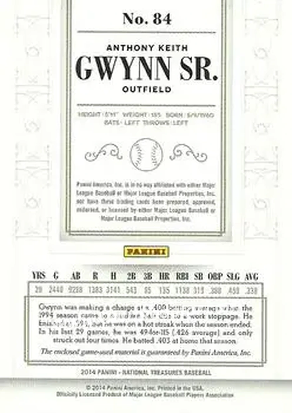 2014 Panini National Treasures #84 - Tony Gwynn - San Diego Padres - Back