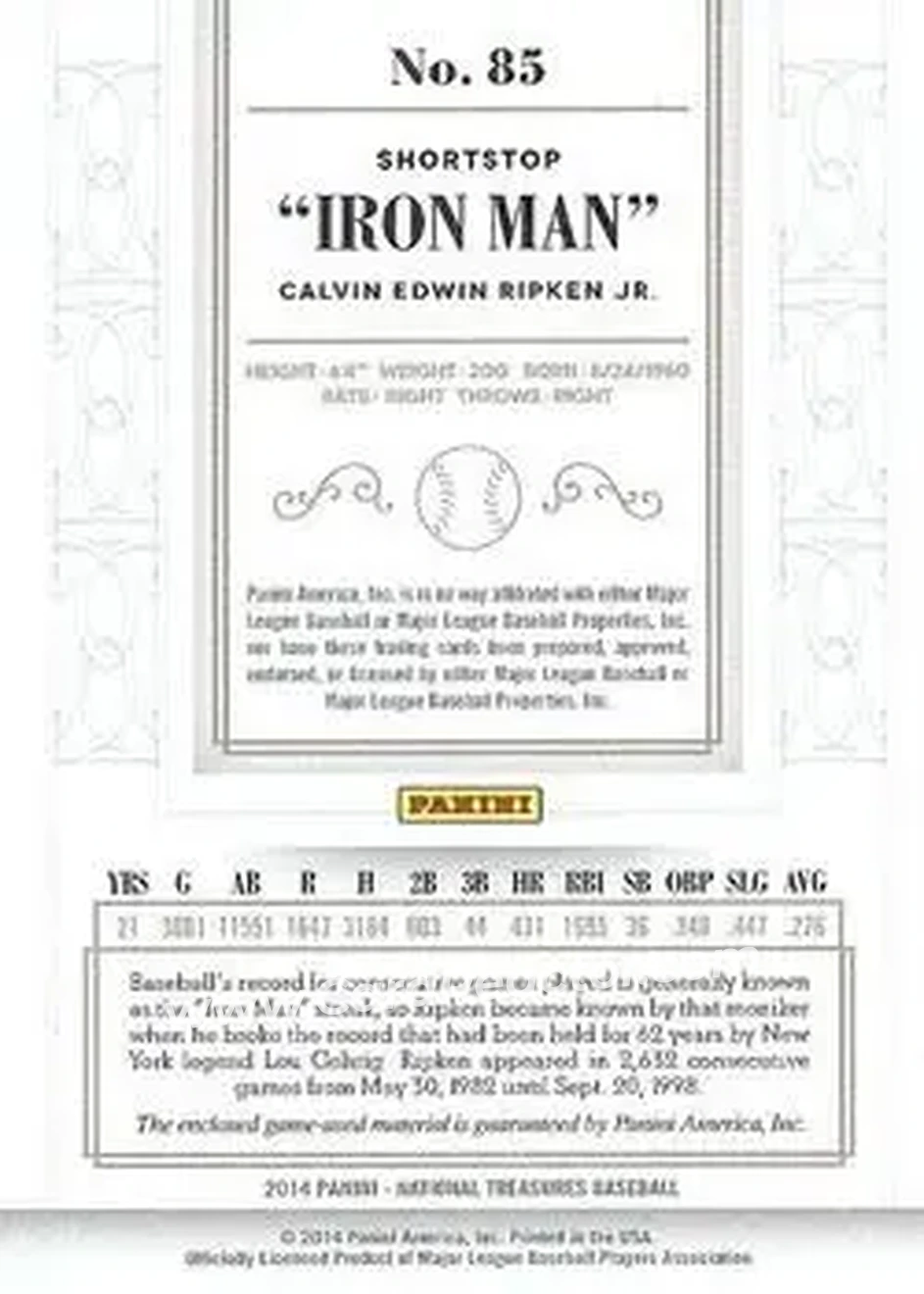 2014 Panini National Treasures #85 - Cal Ripken - Baltimore Orioles - Back 2014 Panini National Treasures #85 - Cal Ripken - Baltimore Orioles - Back