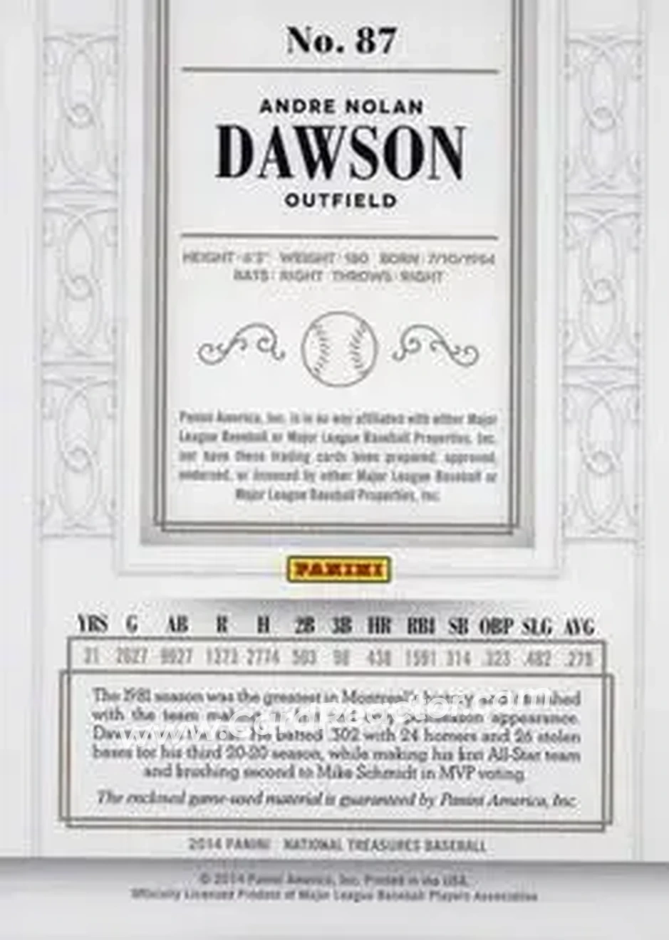 2014 Panini National Treasures #87 - Andre Dawson - Montreal Expos - Back